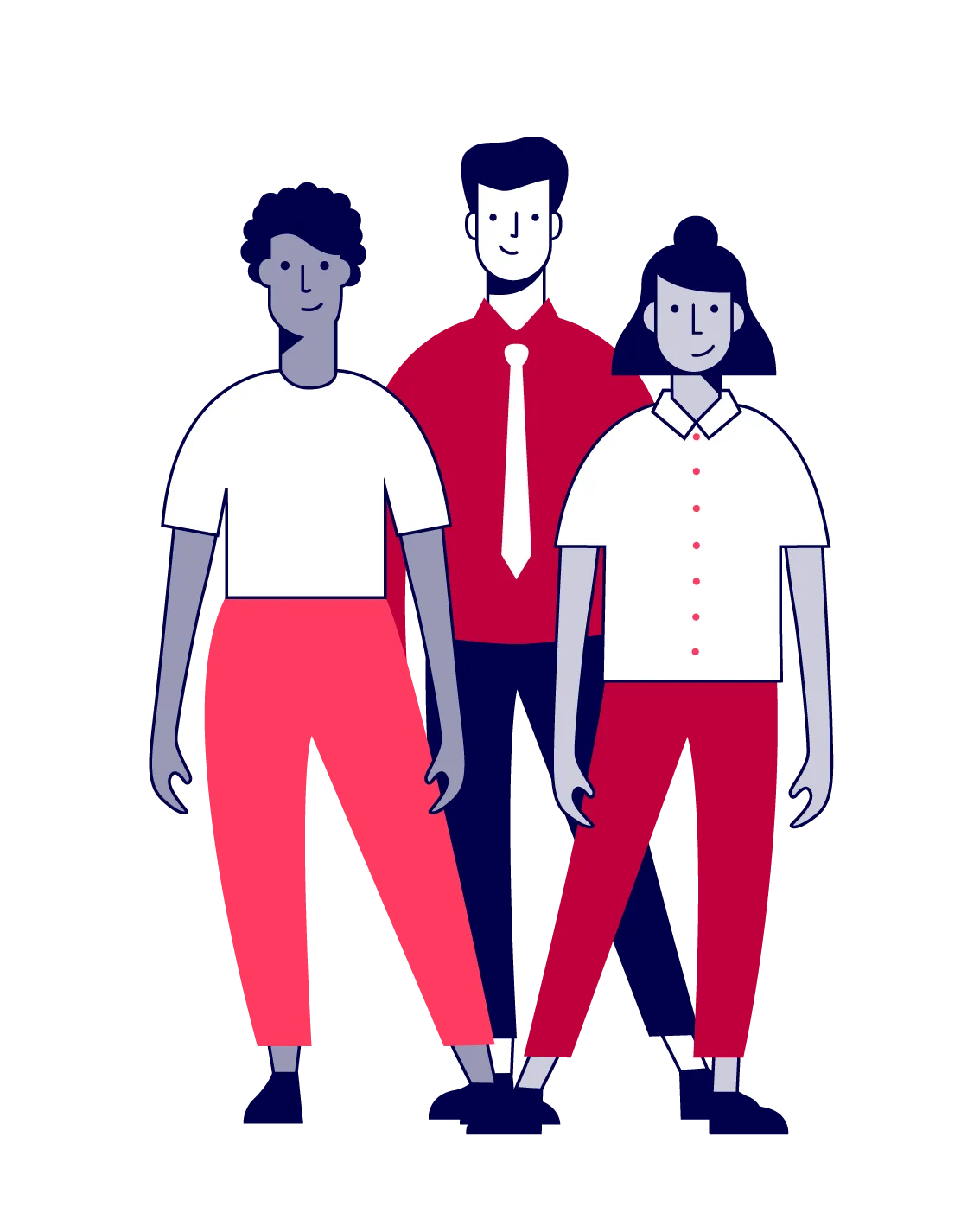 INQA Coaching: illustrative Figuren in blau, rot und weiß - den CI-Farben für die INQA Kampagne. Es wird eine Gruppe von 3 Menschen verschiedener Geschlechter und Hautfarben gezeigt, die Angestellte einer Belegschaft symbolisieren.